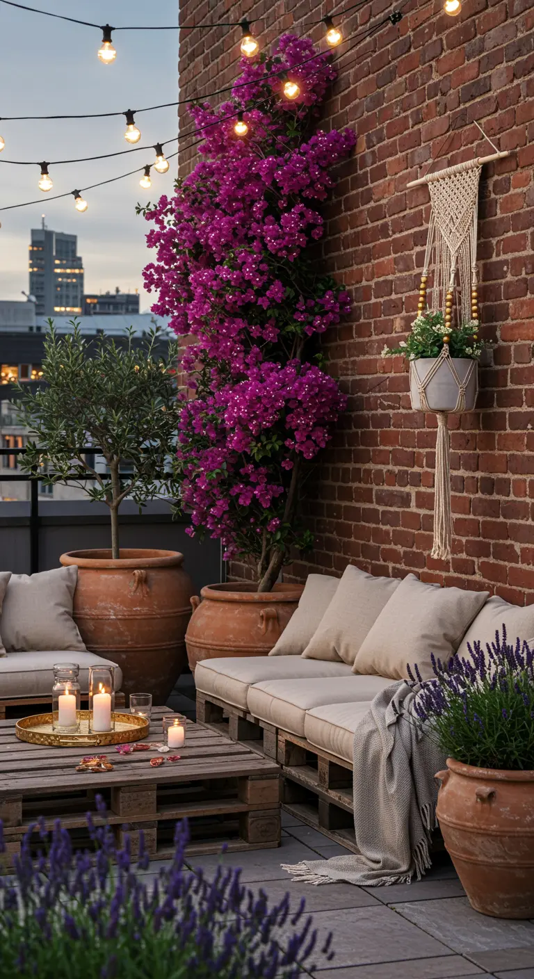Terrasse sur le toit avec un grand bougainvillier dans un pot en terre cuite et un canapé en palettes.