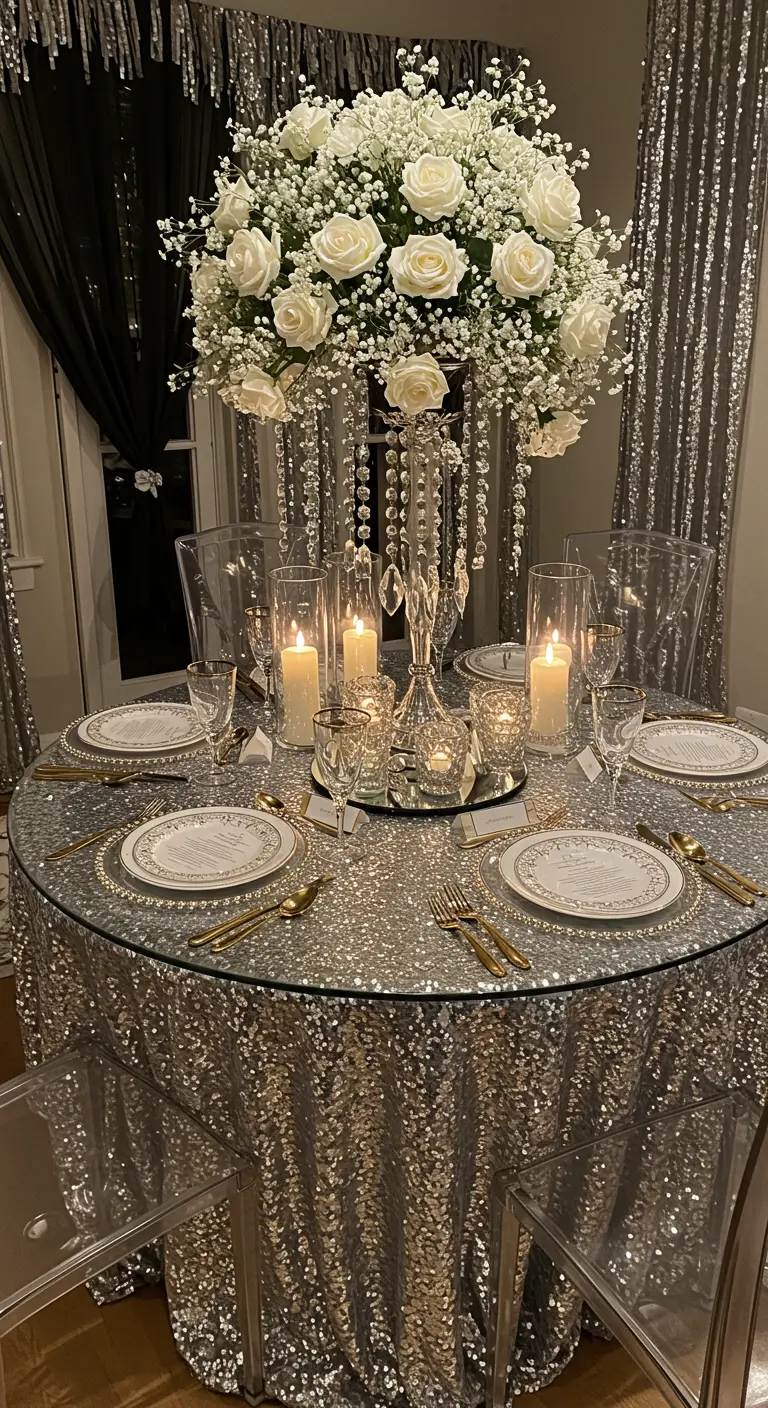 Table de réveillon ronde recouverte d'une nappe à sequins argentés et d'un grand bouquet de fleurs blanches.