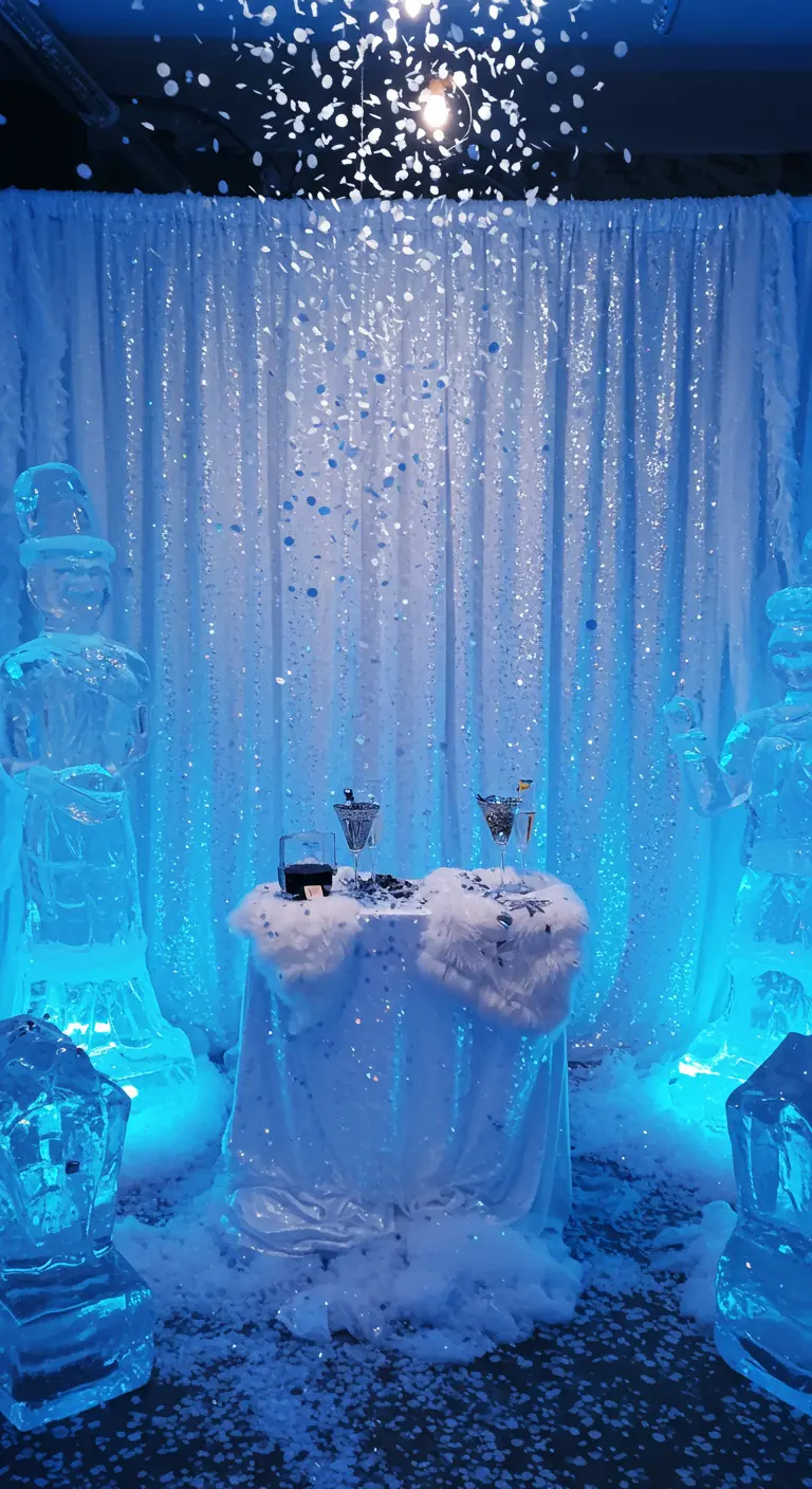 Photobooth palais de glace avec rideaux blancs, lumières bleues, sculptures de glace et fausse neige.