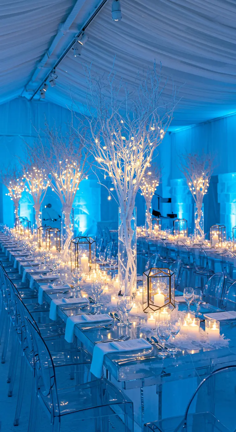 Table de mariage sous une lumière bleue, avec des arbres lumineux, des lanternes et des bougies.