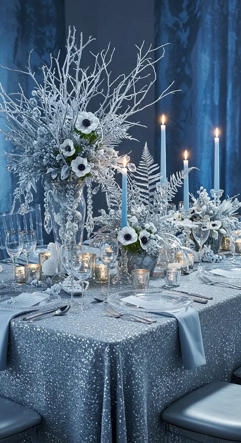 Table de fête bleu glacier et argent, avec nappe à sequins et un centre de table floral givré.