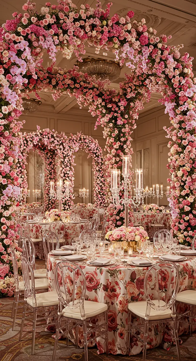 Salle de réception grandiose avec arches et colonnes fleuries de roses, chandeliers et tables rondes.