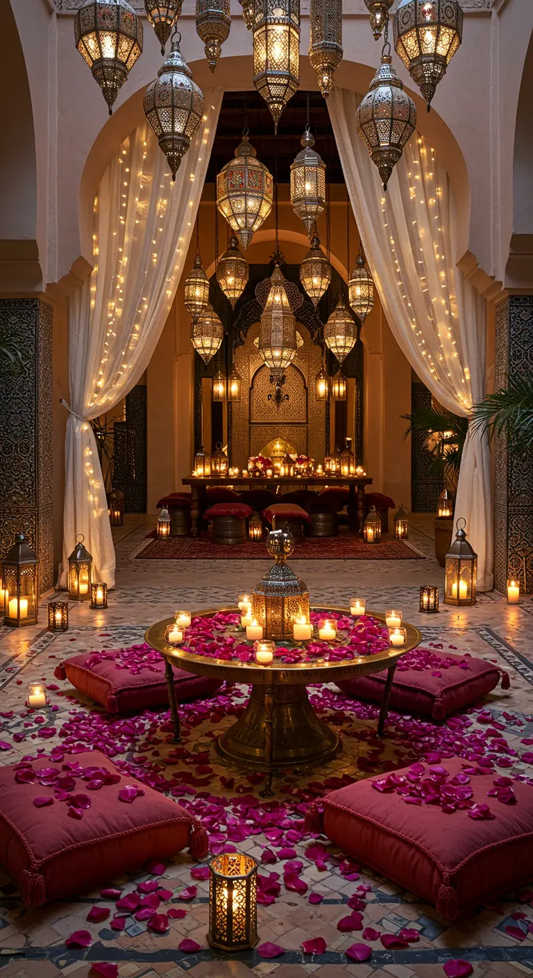Scène de dîner oriental avec des lanternes marocaines et des coussins au sol.