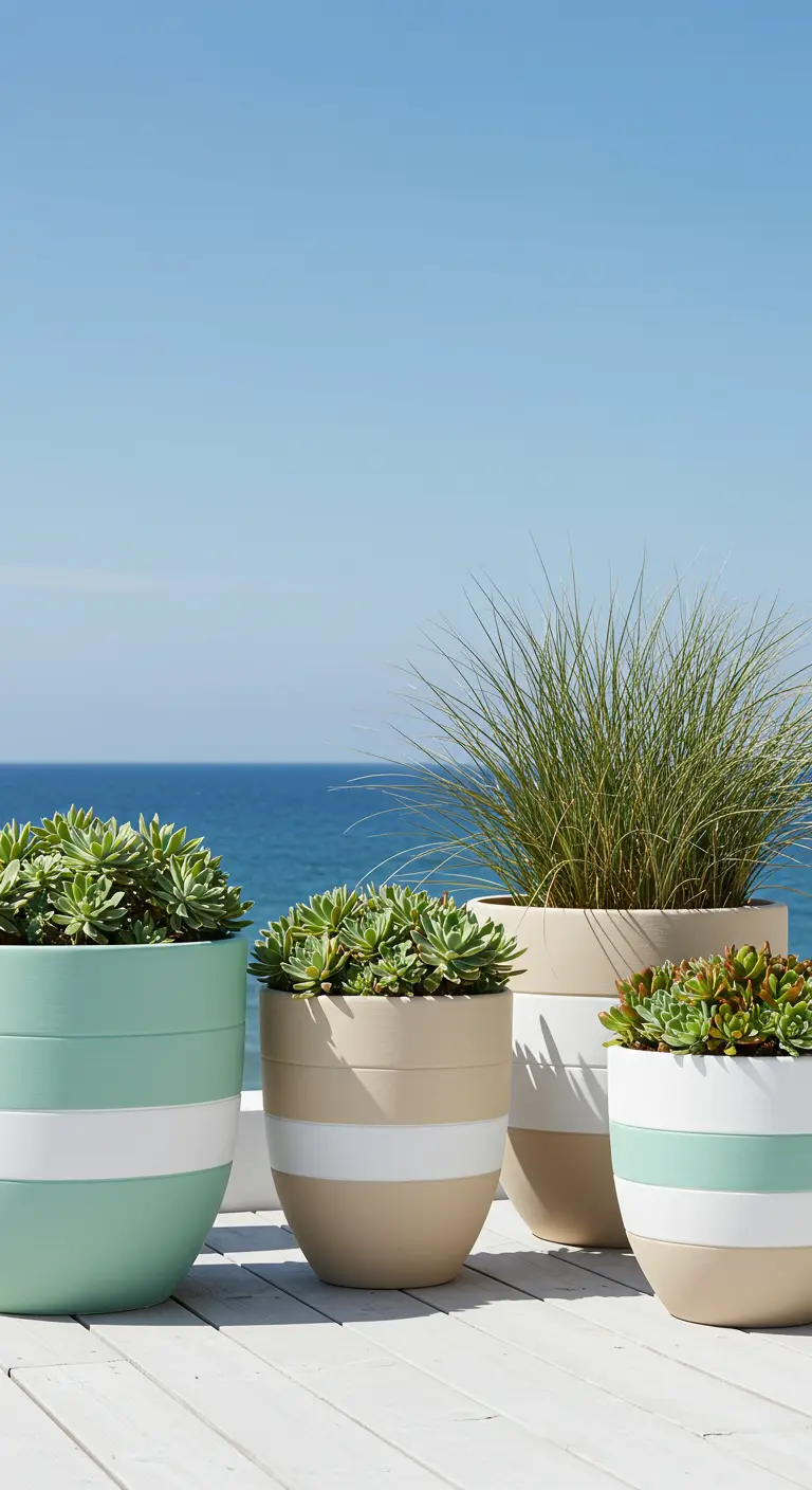 Pots de fleurs aux couleurs de la mer avec des bandes de couleur.