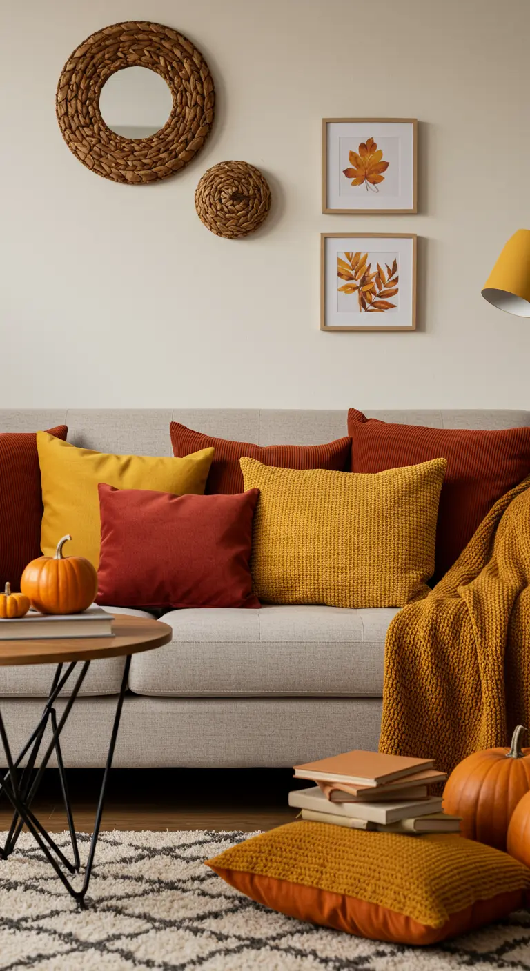 Canapé gris avec des coussins et un plaid aux couleurs chaudes de l'automne.