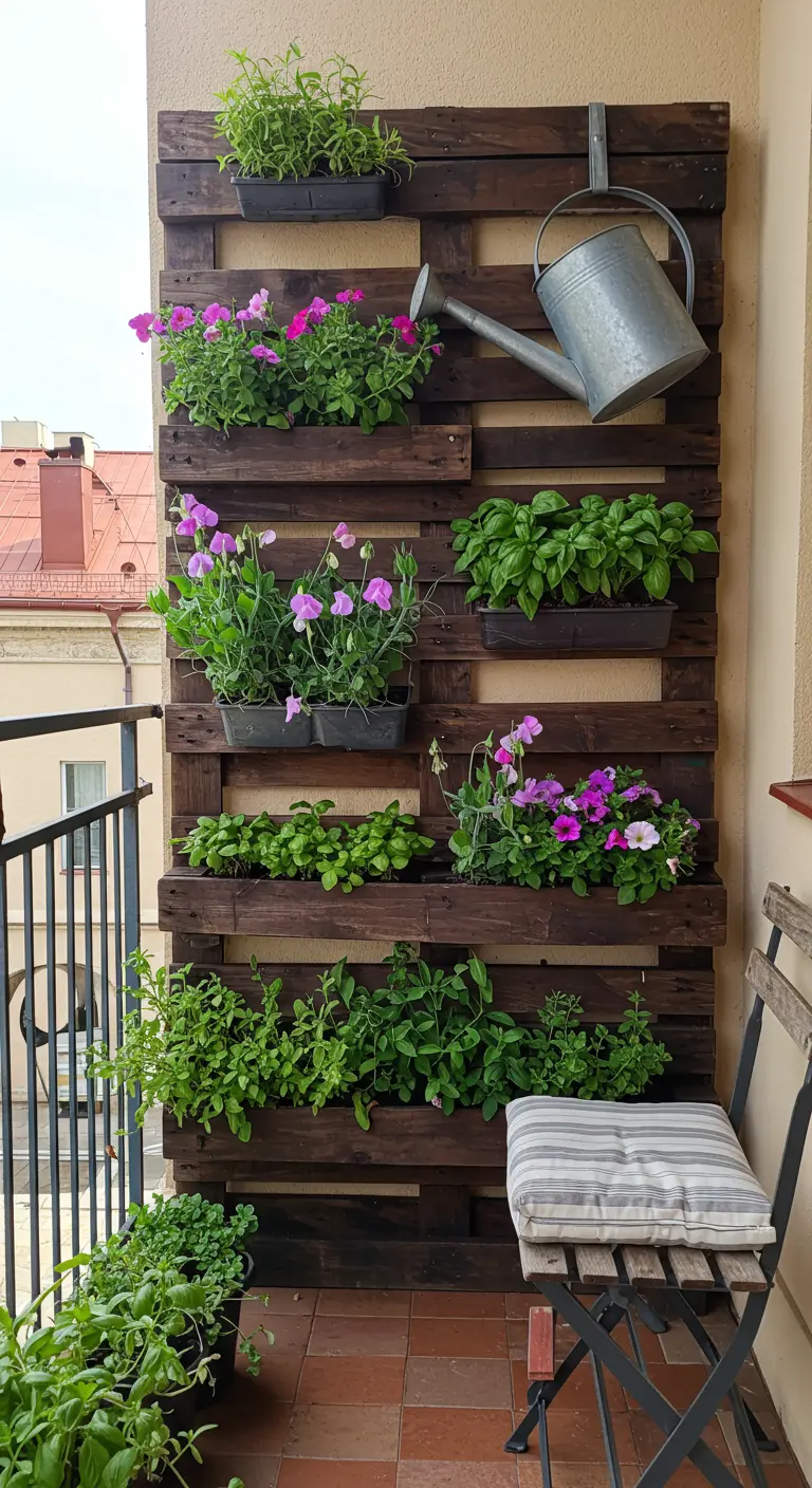 Palette en bois foncé avec jardinières et un arrosoir en zinc sur un balcon.