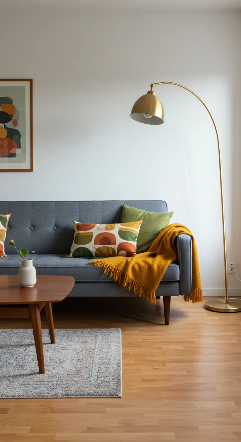 Canapé gris de style Mid-Century avec un coussin à motif géométrique et un plaid jaune moutarde.