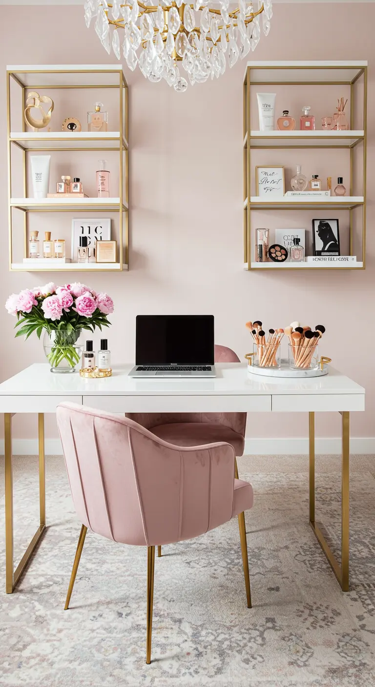 Bureau chic avec chaise en velours rose, étagères dorées et lustre en cristal.