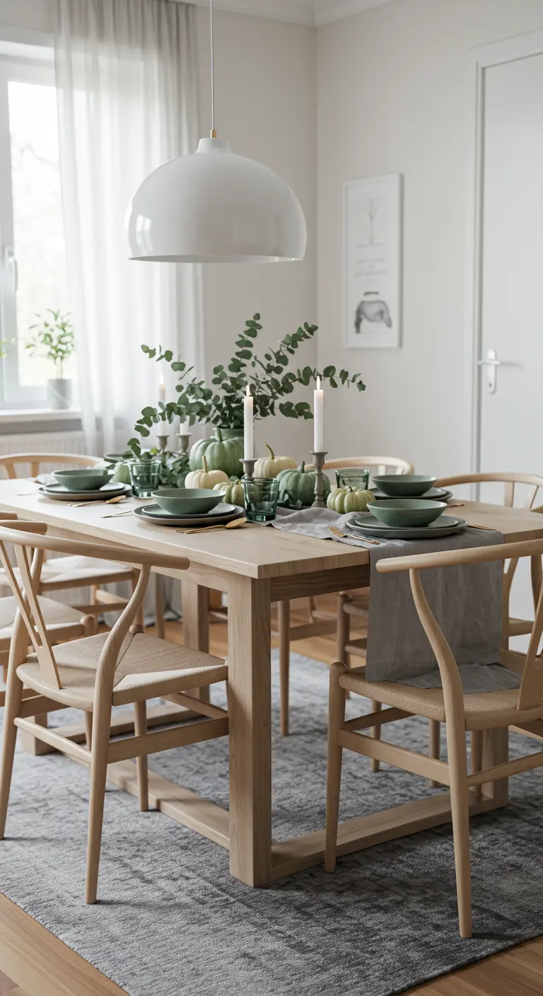 Table à manger scandinave avec des citrouilles vertes, de l'eucalyptus et une vaisselle assortie.