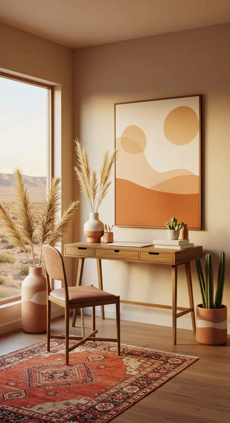 Bureau en bois avec chaise en cuir, tapis persan et grande toile abstraite.