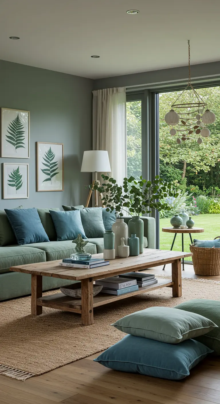 Salon lumineux avec canapé vert sauge, coussins bleus, table basse en bois et vue sur un jardin verdoyant.