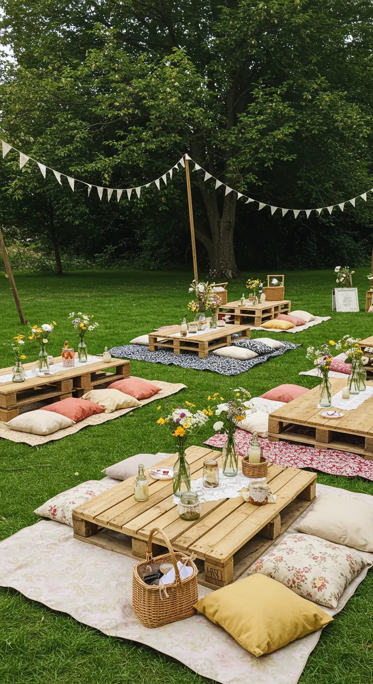 Tables basses en palettes sur l'herbe, entourées de coussins, décorées de fleurs et de bougies.