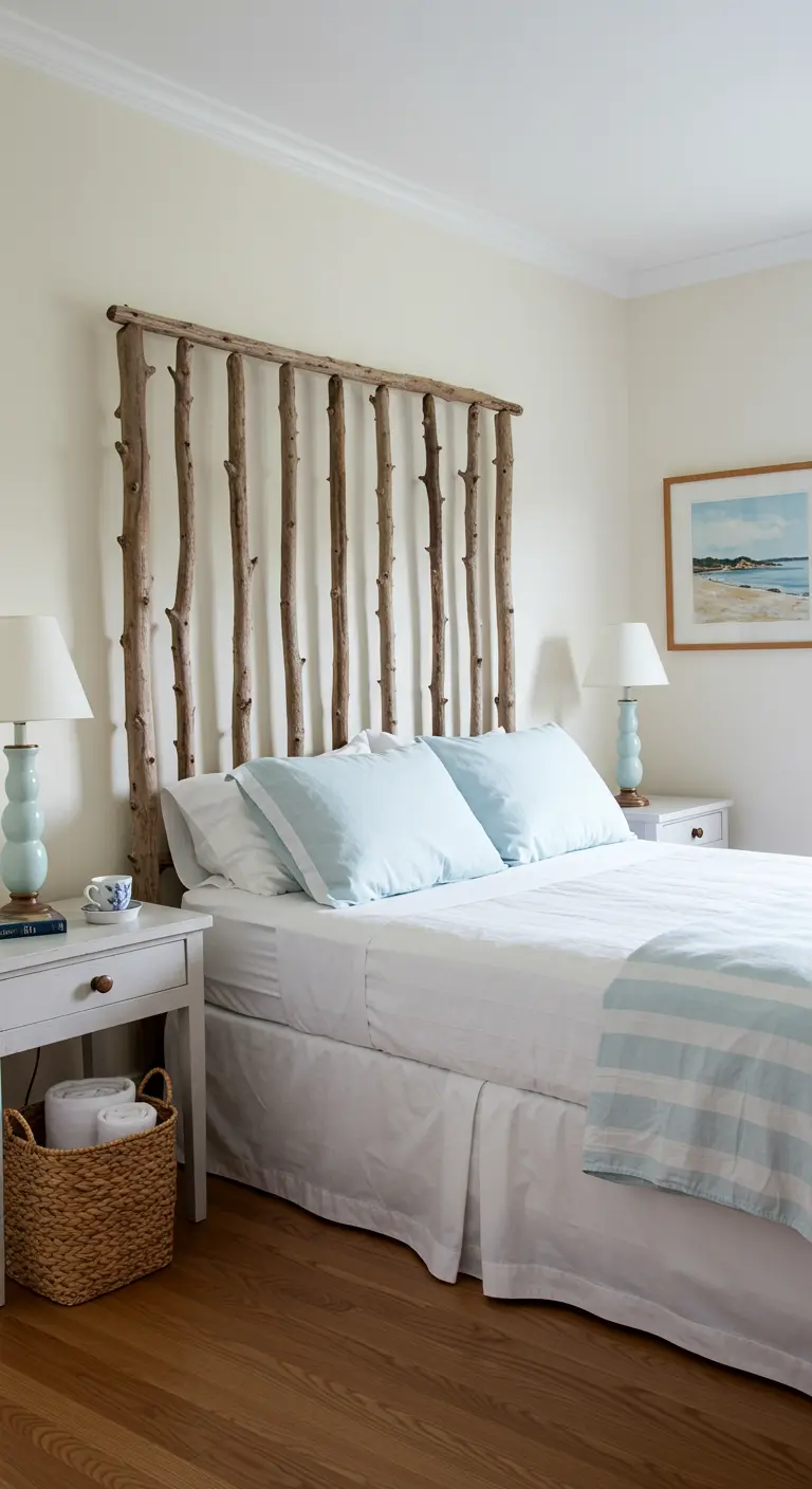 Tête de lit composée de branches verticales espacées, fixées sur deux traverses.