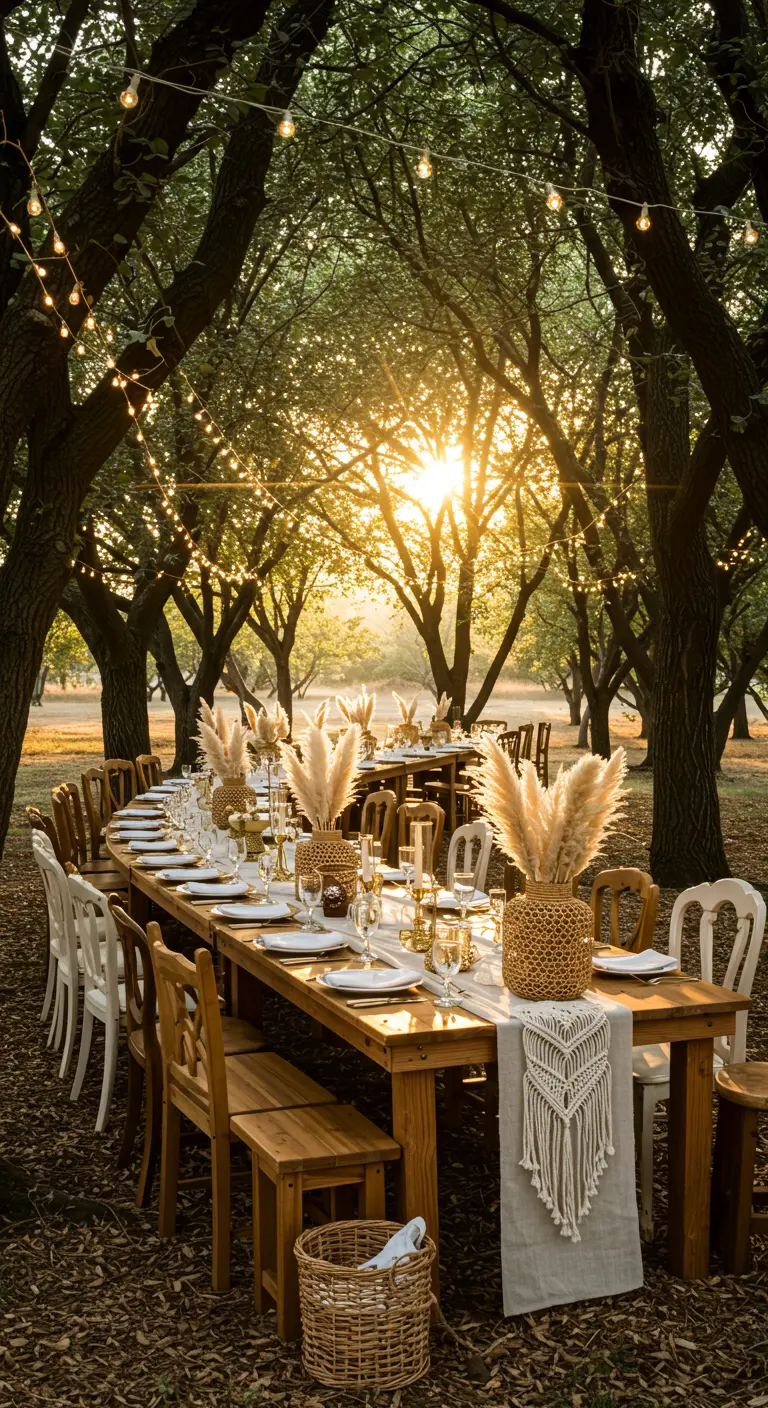 Table de réception en bois sous un ciel étoilé de guirlandes, avec des bouquets de pampas dorés.