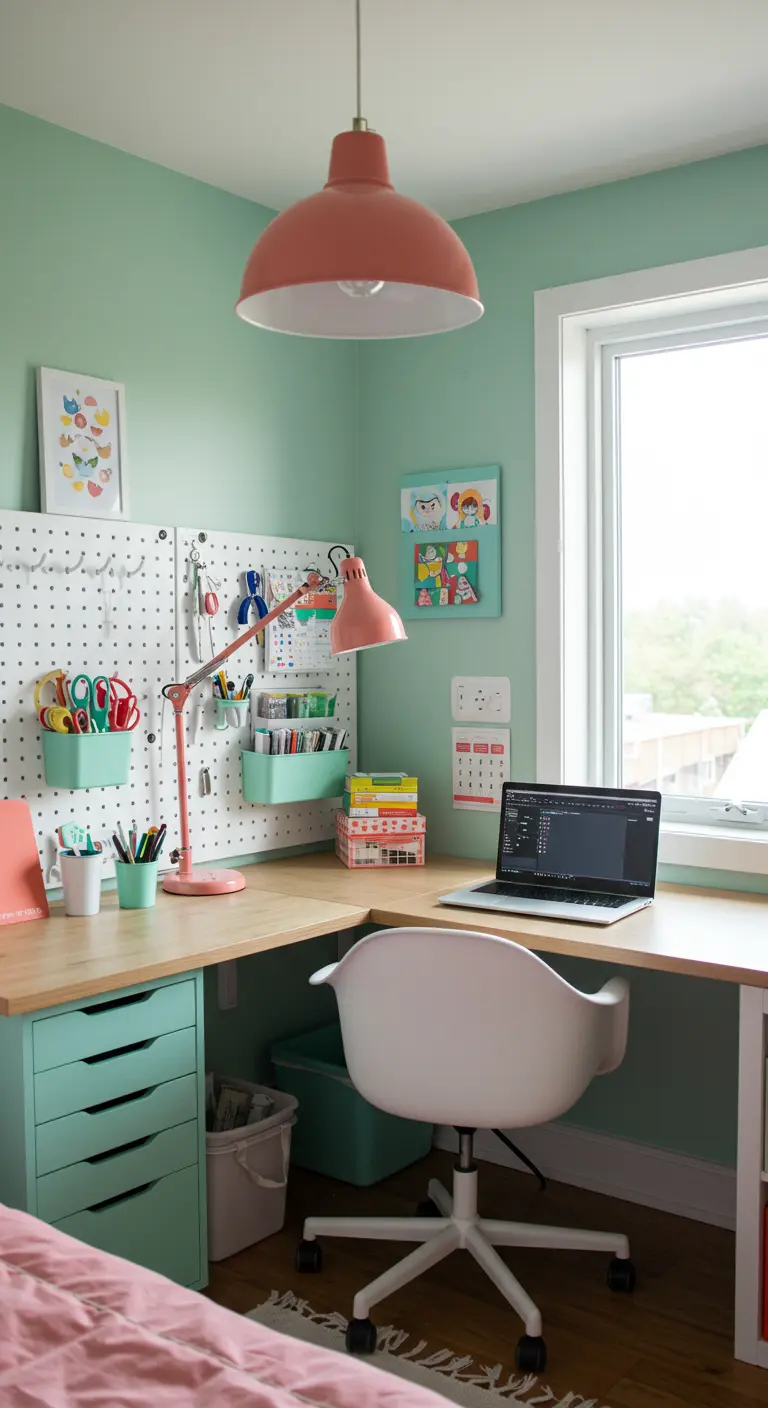 Bureau d'angle avec mur perforé vert menthe, accessoires roses et rangement astucieux