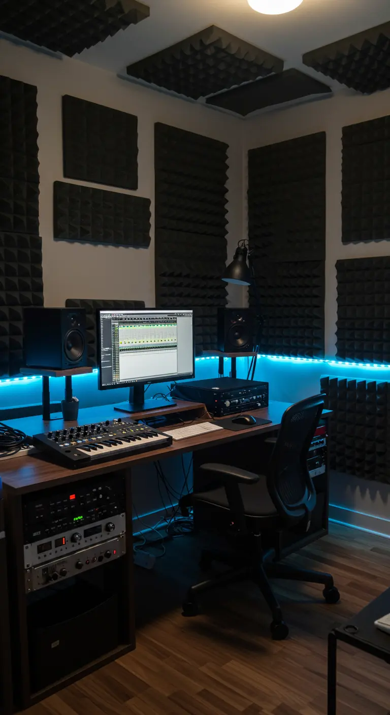 Studio de musique avec panneaux acoustiques noirs, éclairage LED bleu et équipement audio