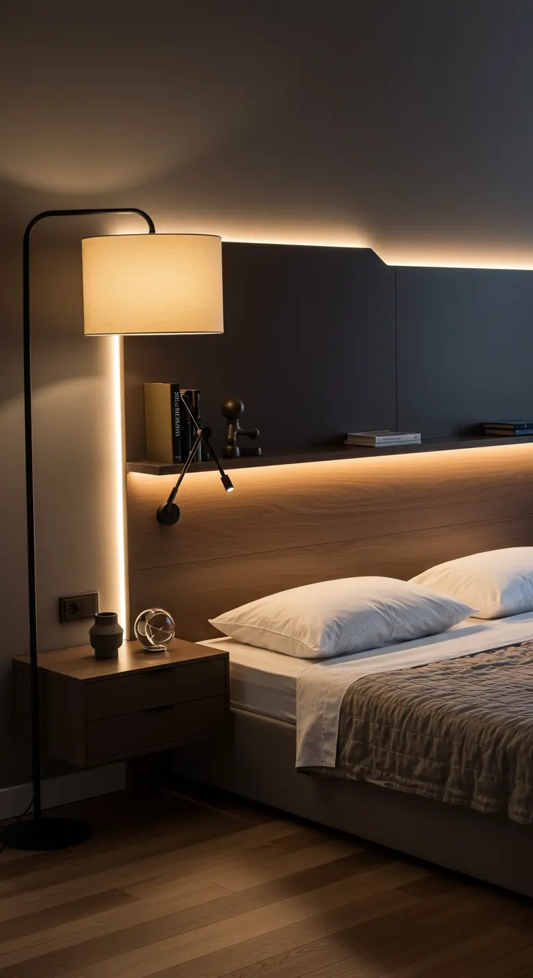 Chambre moderne avec lit gris, tête de lit en bois, panneau lumineux LED vertical et applique de lecture.
