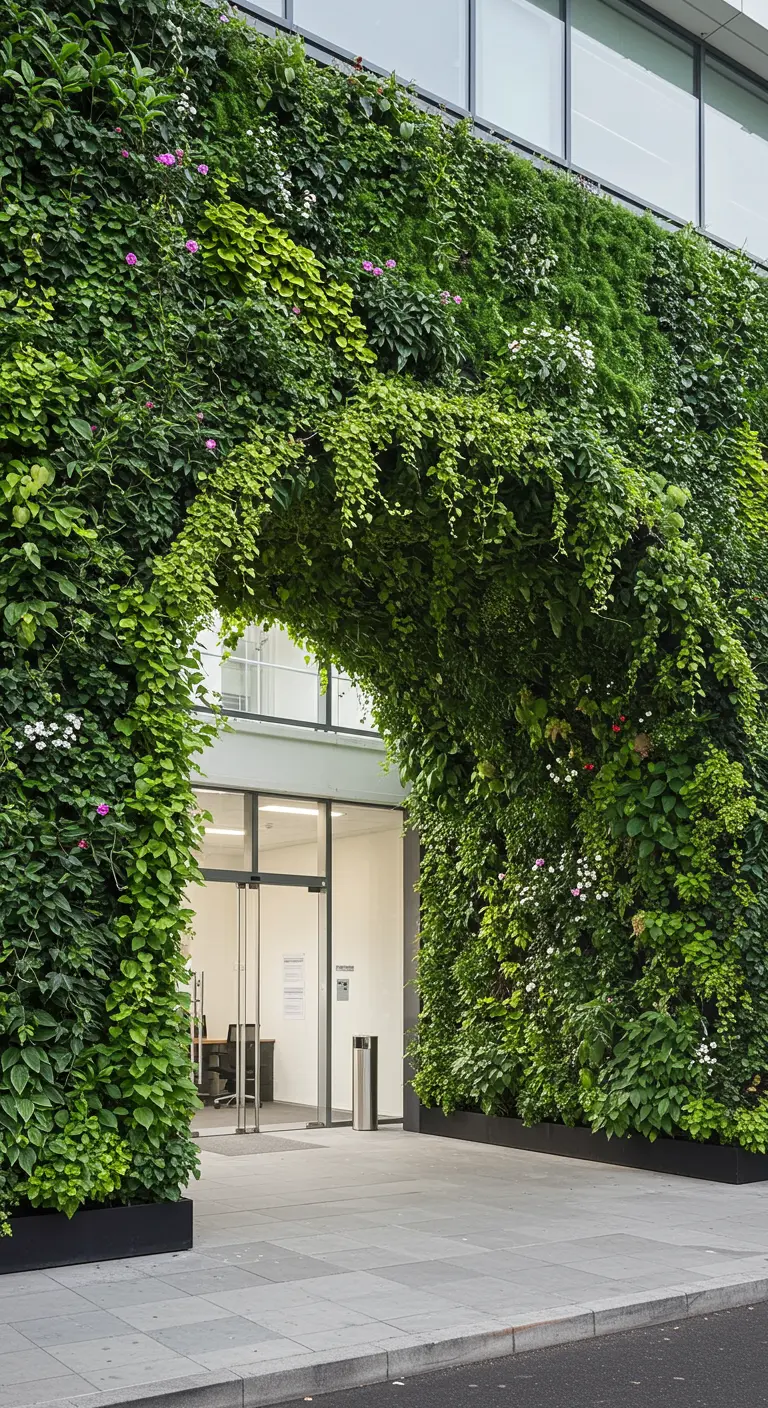 Panneau végétal sous une fenêtre dans un café urbain, avec des plantes sur le rebord de la fenêtre.