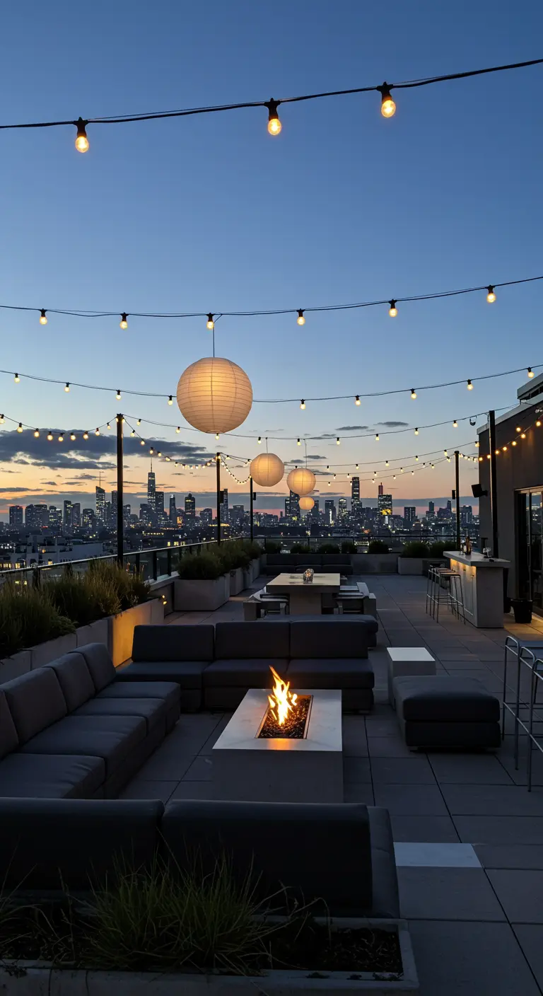 Rooftop urbain au crépuscule avec vue sur la ville, éclairé par des guirlandes et de grands lampions blancs.