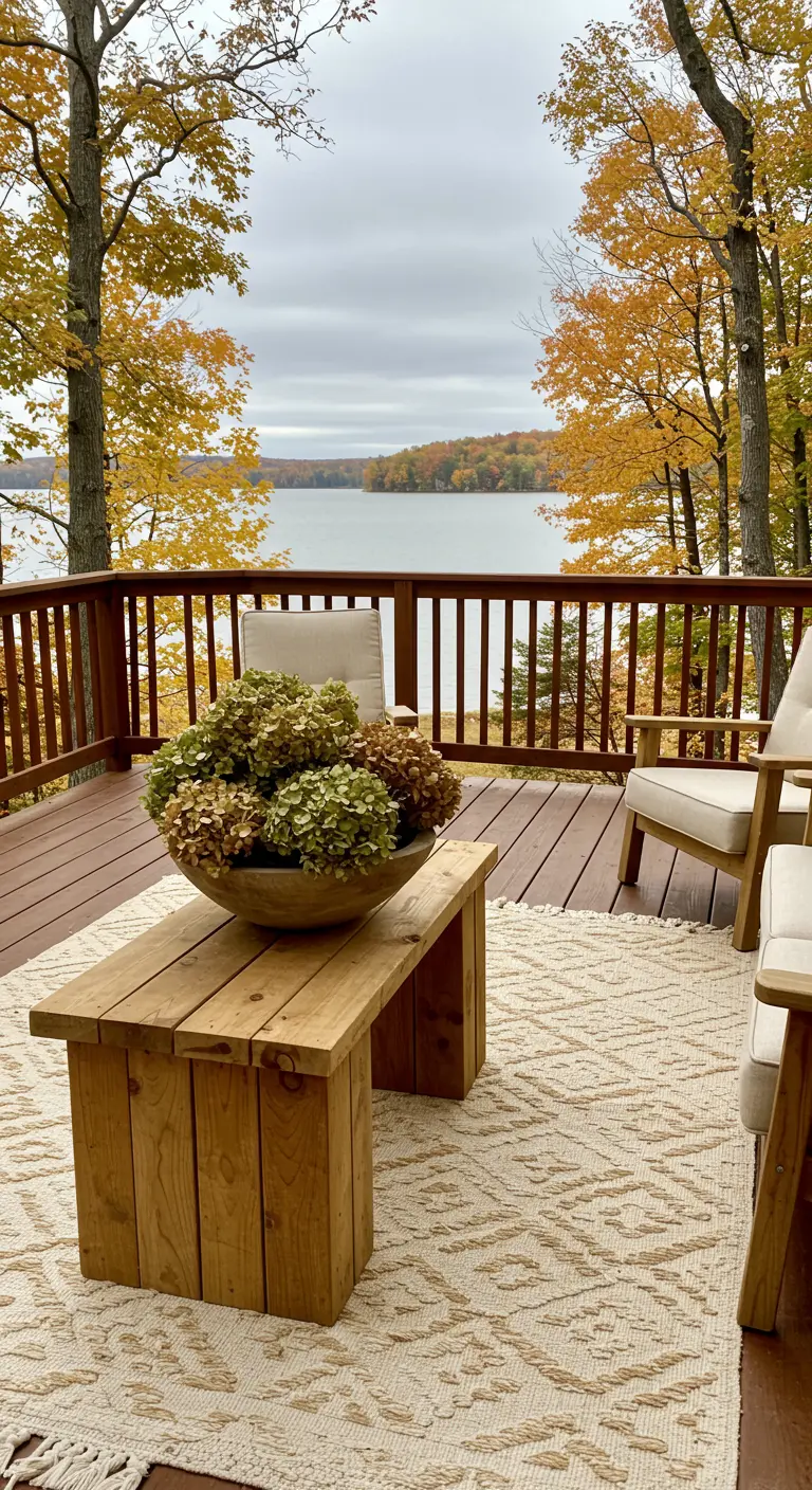 Terrasse en bois avec vue sur un lac, tapis crème et bol d'hortensias séchés.
