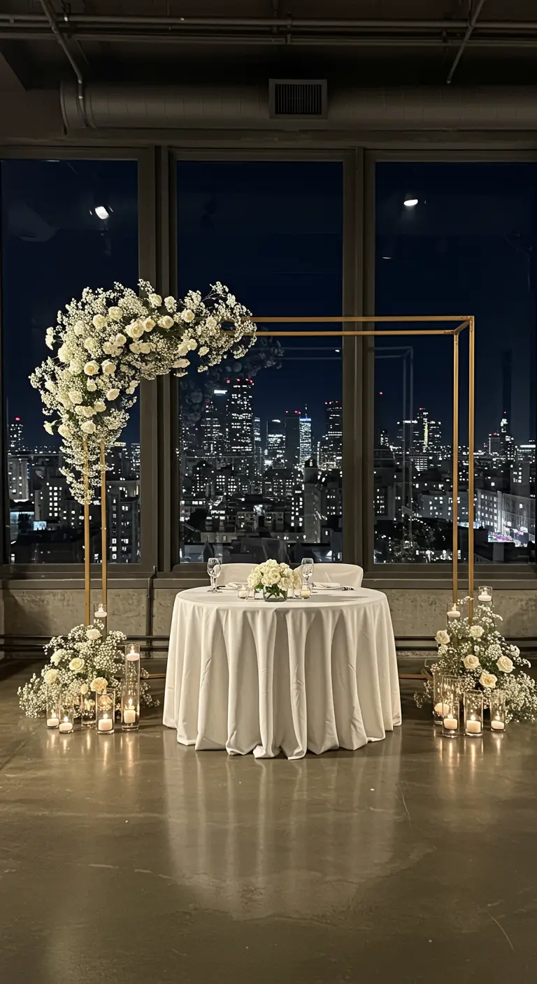 Arche dorée carrée avec des fleurs blanches surplombant une ville de nuit.