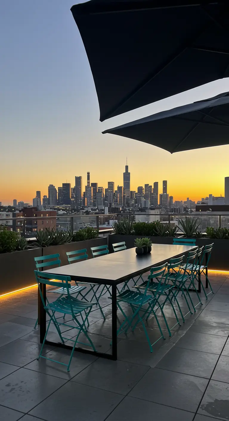 Rooftop moderne avec table noire, chaises turquoise, parasol noir et vue sur la ville au crépuscule.