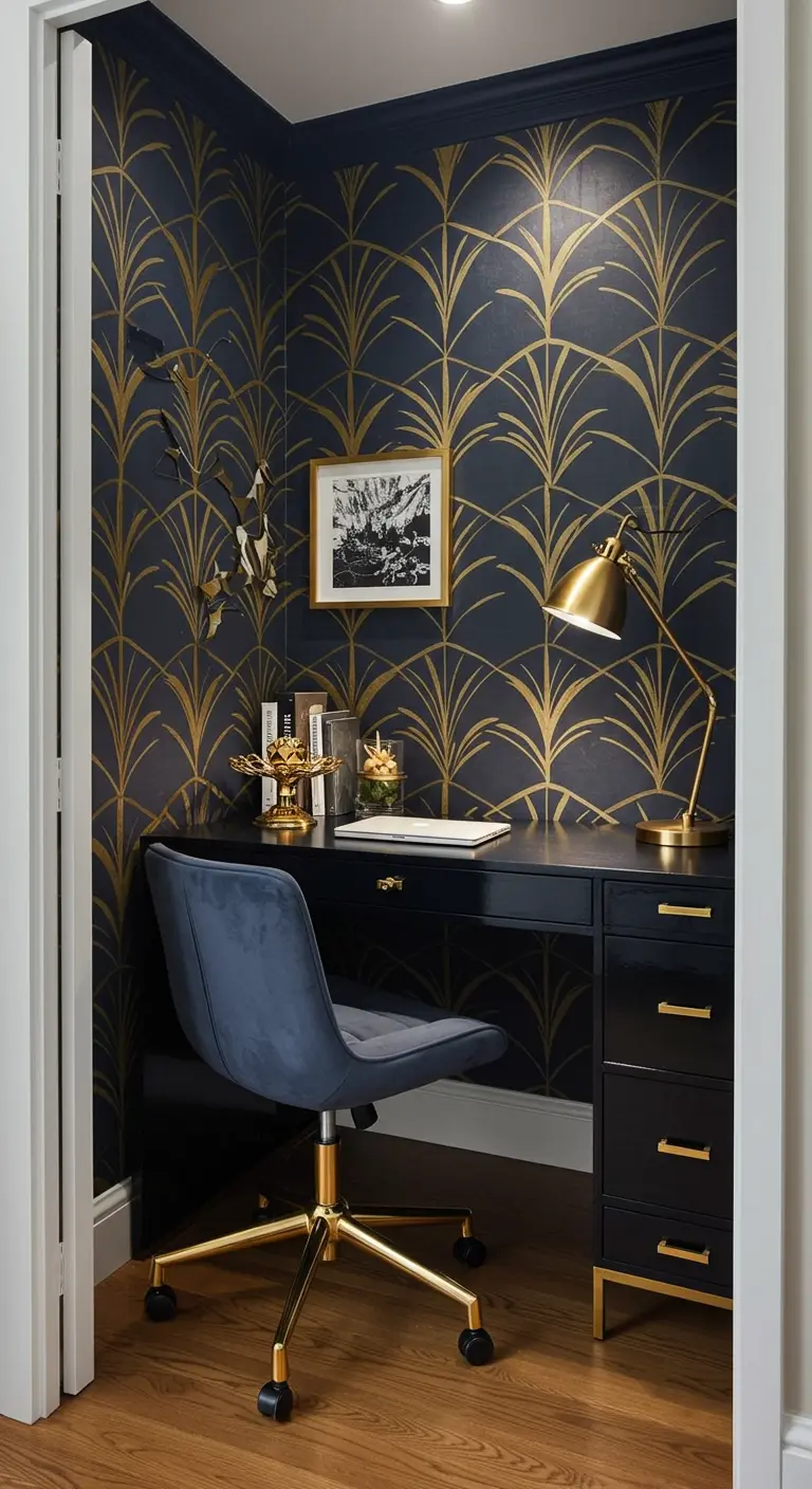 Bureau chic dans une alcôve avec papier peint Art Déco bleu et or, chaise et lampe dorées