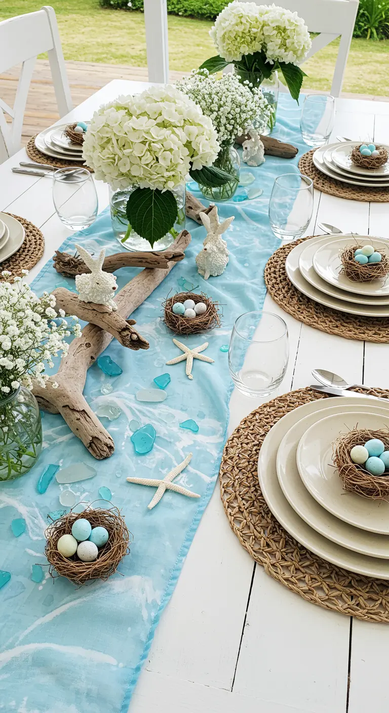 Table de Pâques sur le thème de la mer avec bois flotté, verre poli et fleurs blanches.