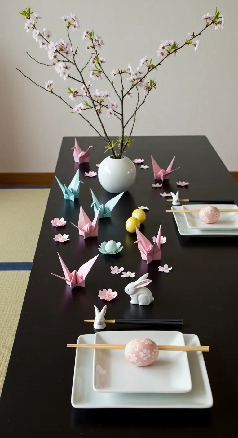 Table de Pâques d'inspiration japonaise avec fleurs de cerisier et grues en origami.