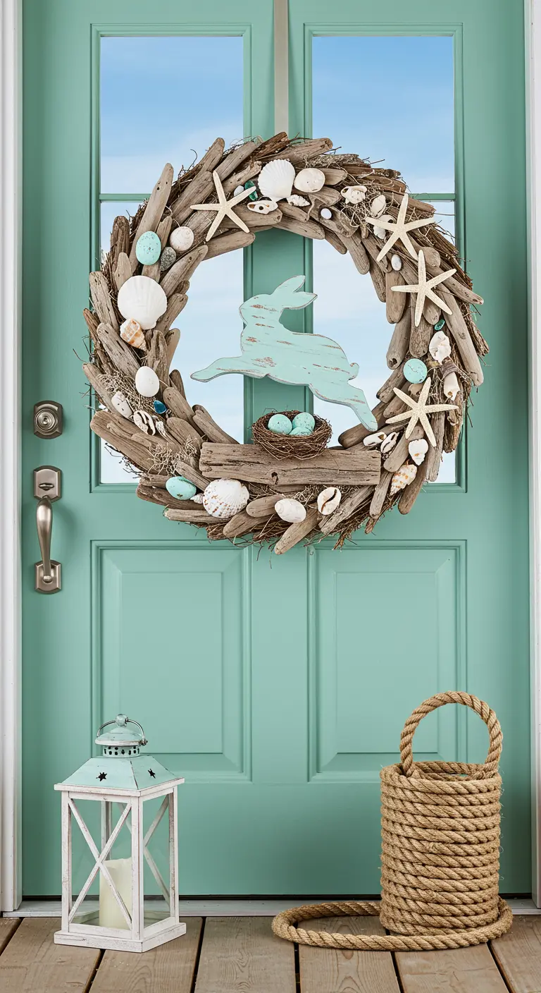 Couronne en bois flotté et coquillages avec un lapin bleu pastel.