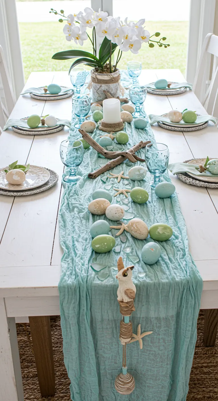 Table de Pâques thème marin avec chemin de table bleu, bois flotté et œufs verts.