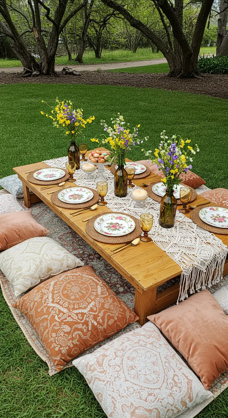 Pique-nique de Pâques bohème avec table basse, tapis et coussins au sol.