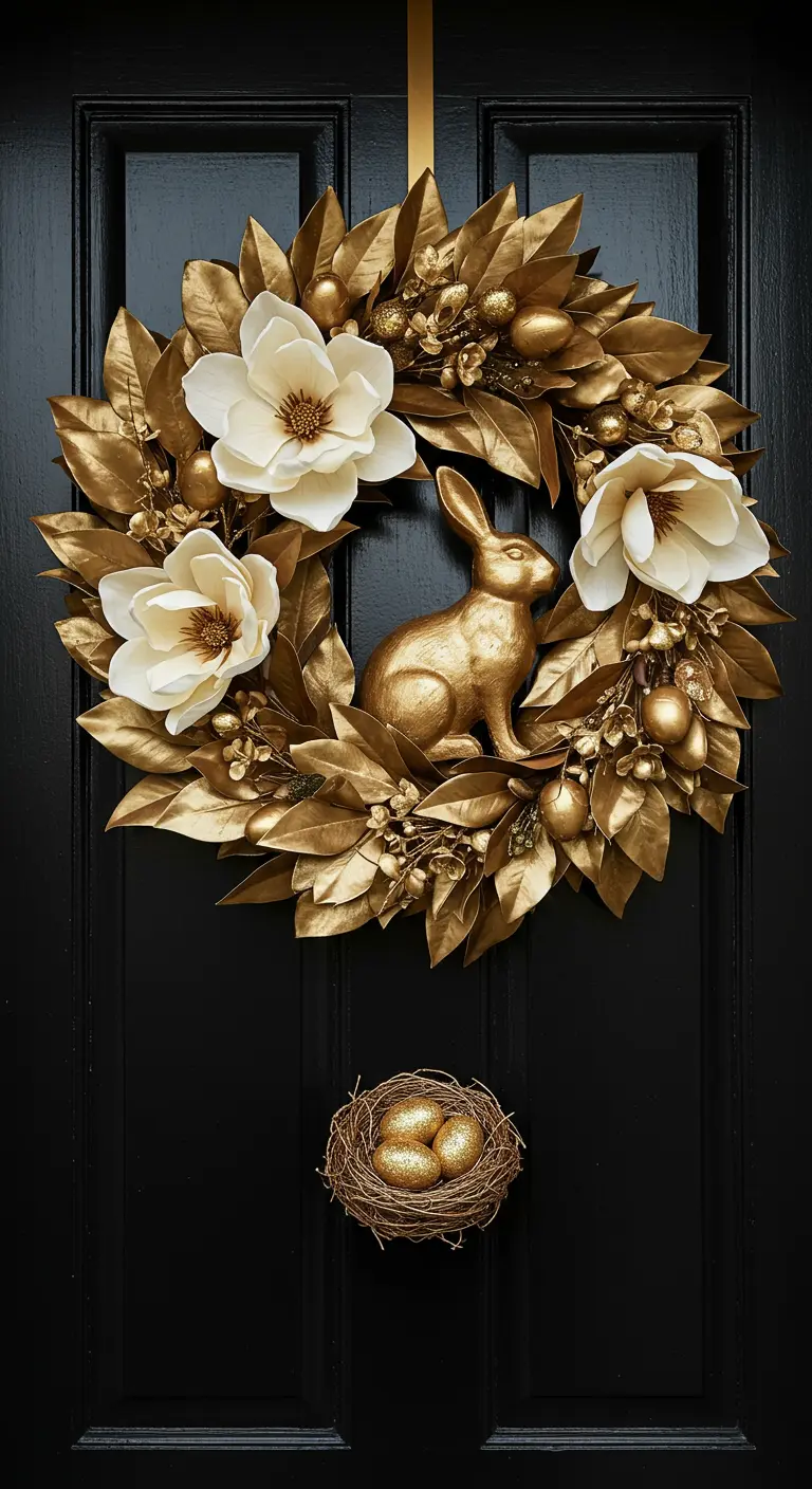 Couronne de Pâques dorée avec fleurs de magnolia sur une porte noire.