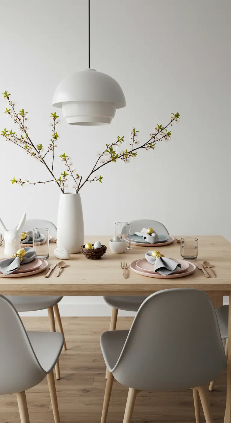 Décor de table de Pâques minimaliste avec branches de cerisier en fleurs.