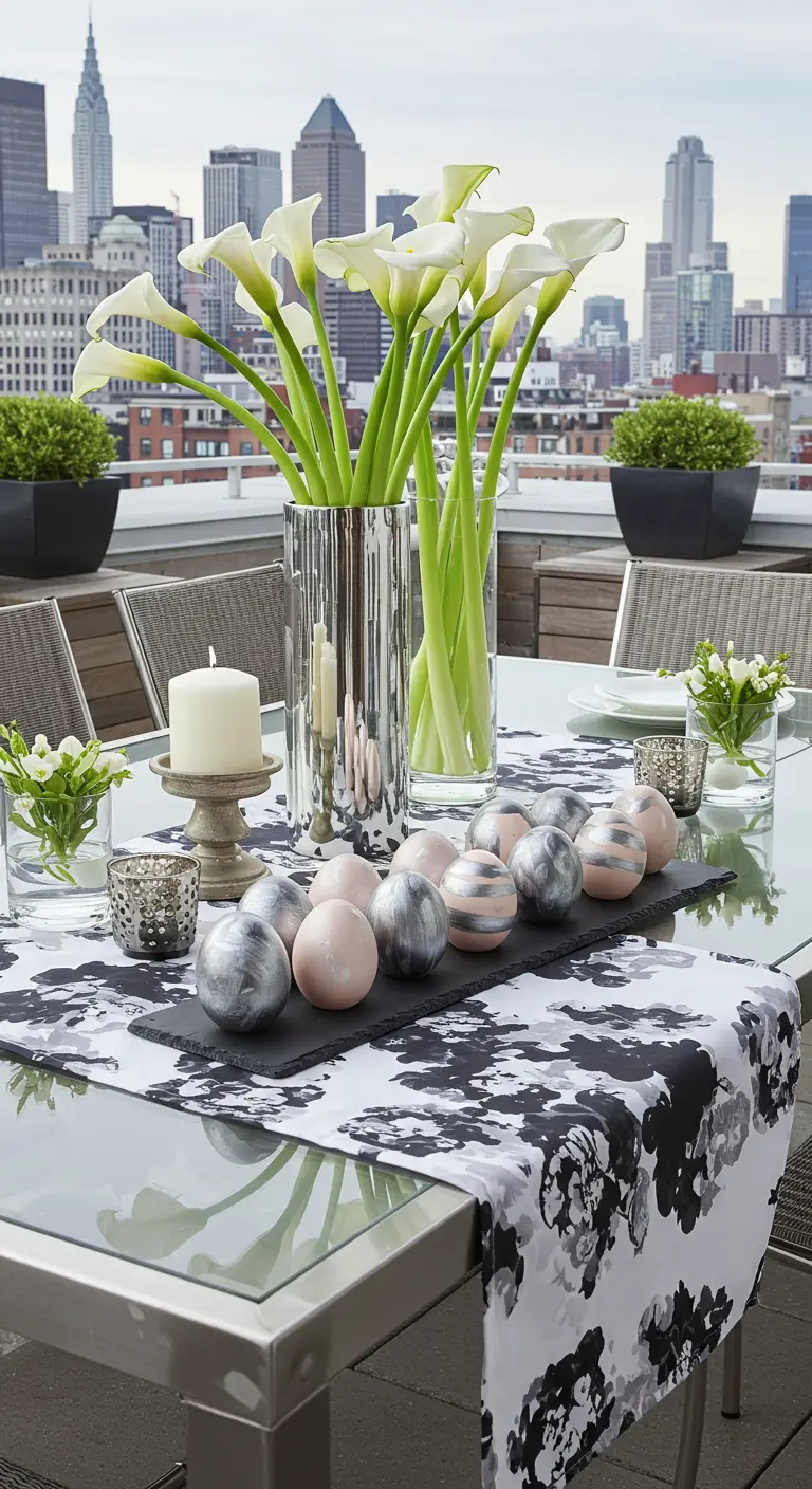 Table de Pâques moderne sur un rooftop avec un chemin de table noir et blanc et des œufs métalliques.