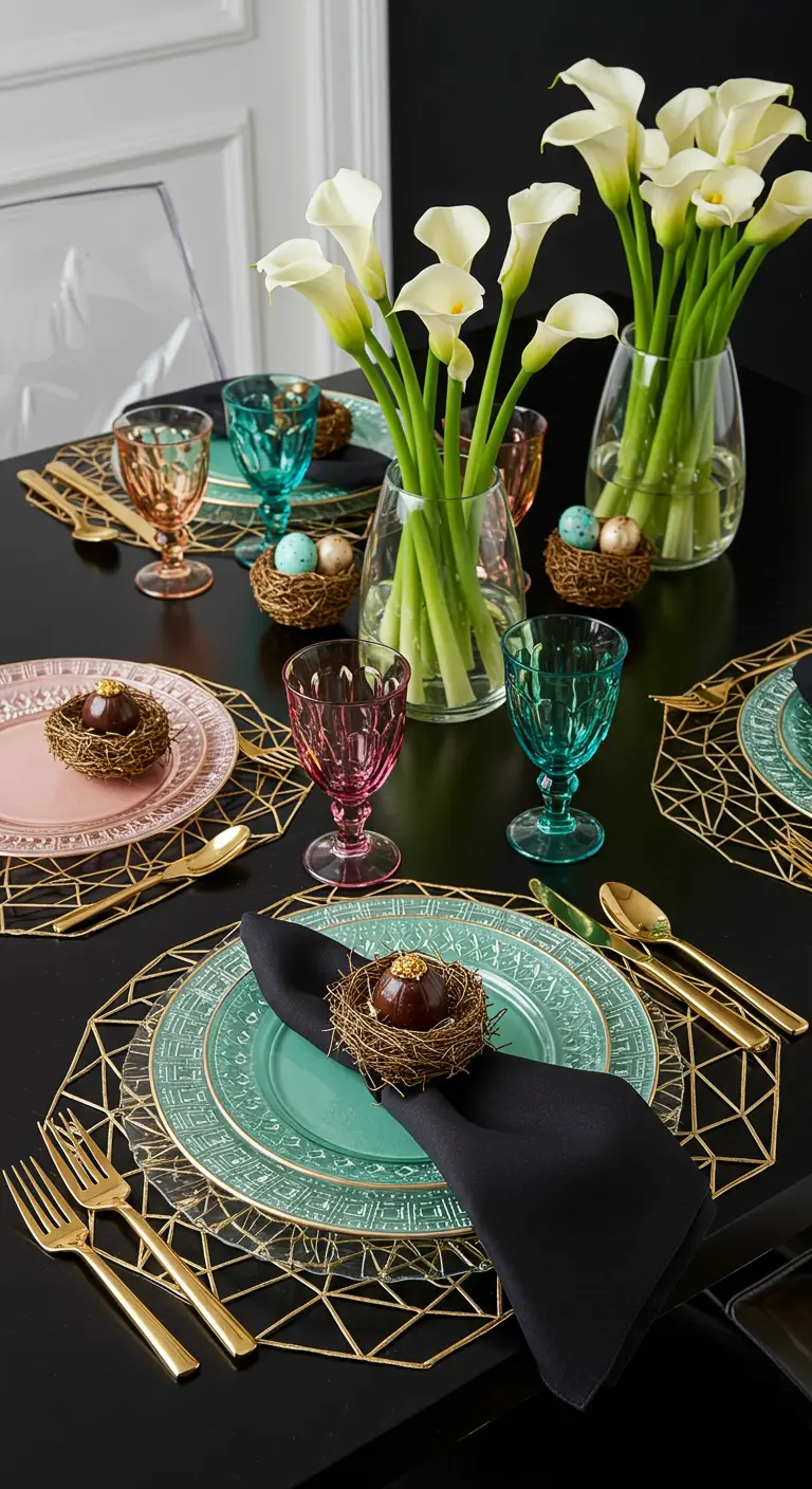 Table de Pâques moderne avec nappe noire, vaisselle colorée et détails dorés.