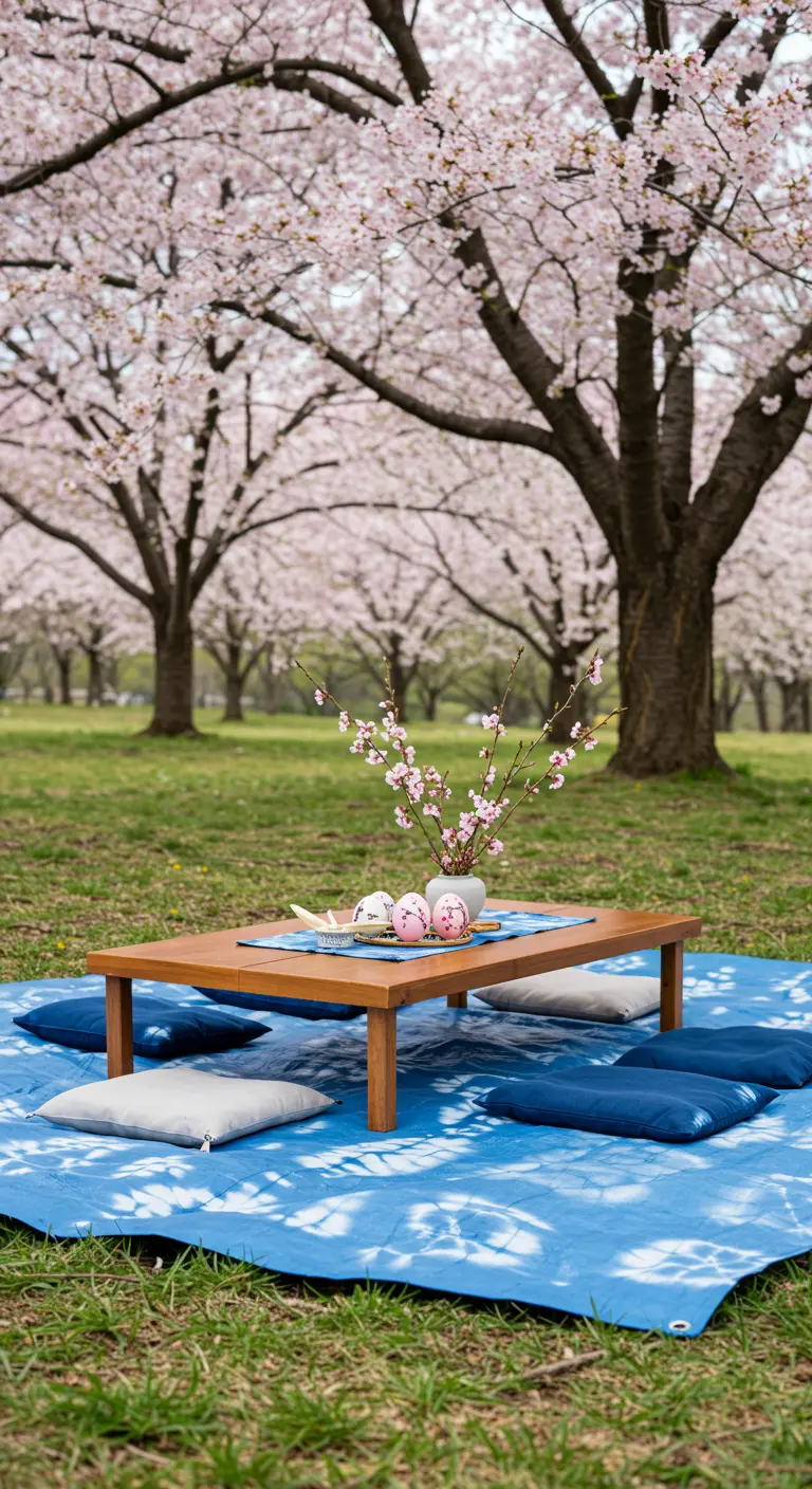 Pique-nique de Pâques d'inspiration japonaise sous des cerisiers en fleurs.
