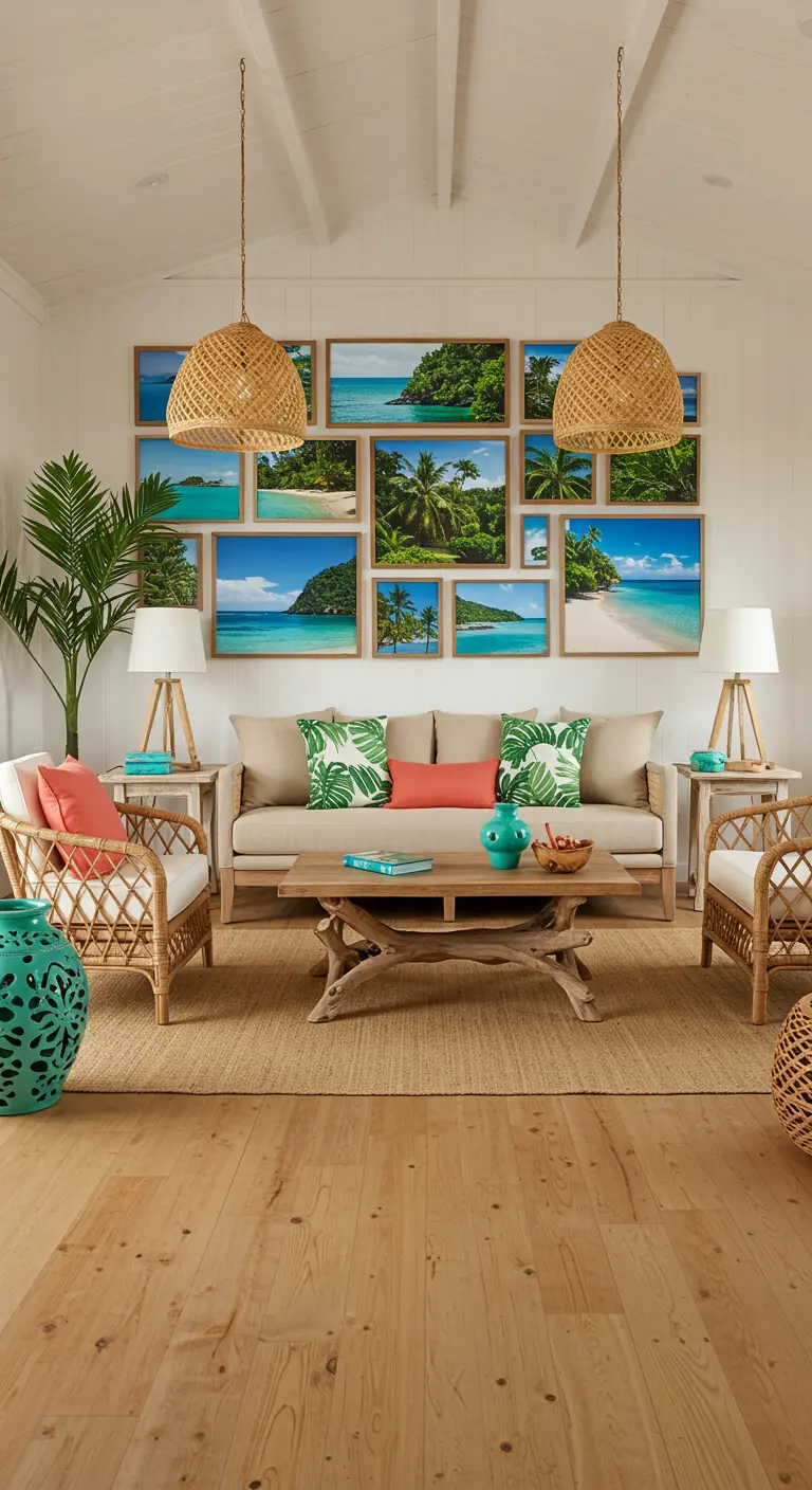 Salon tropical avec un mur de cadres de plages et palmiers, mobilier en rotin et luminaires en osier.