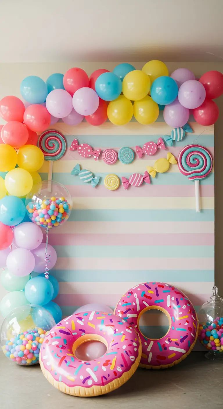 Photobooth thème bonbons avec un fond à rayures pastel, des ballons colorés et des donuts gonflables.