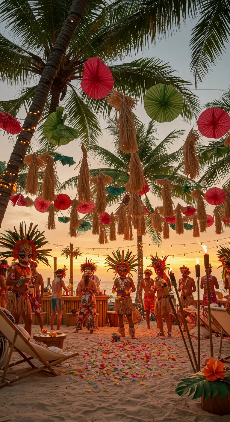 Fête sur une plage tropicale avec danseurs masqués, palmiers illuminés et parasols colorés.