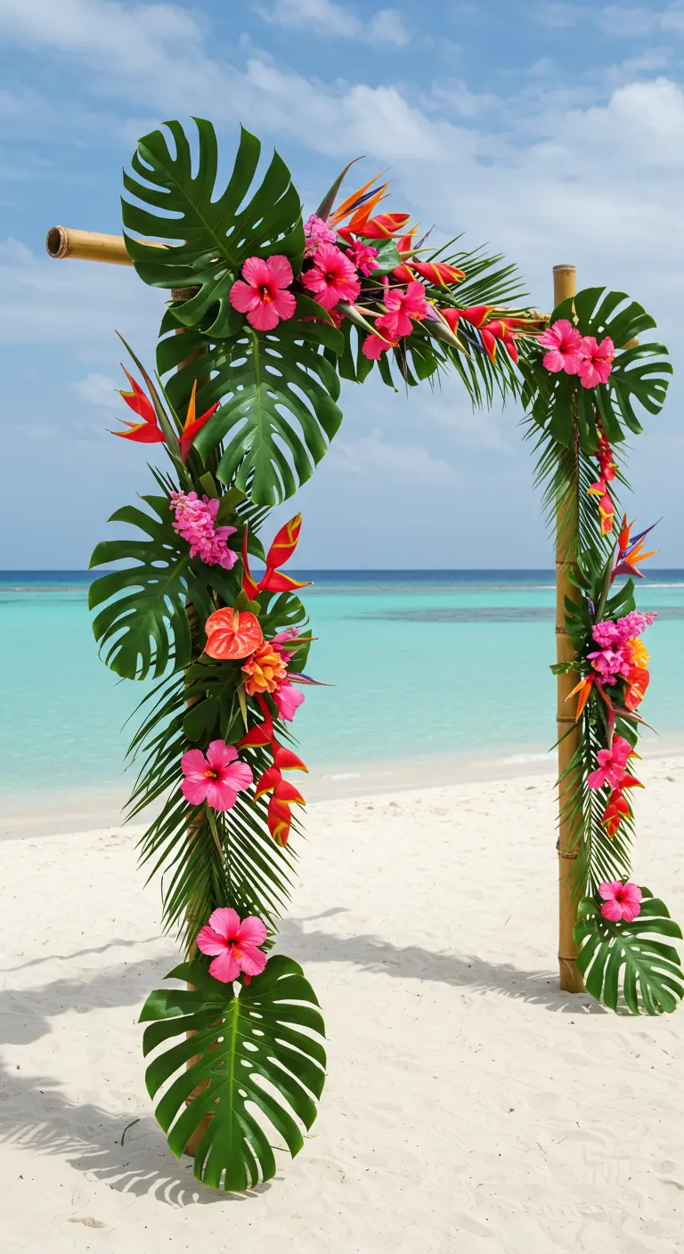 Arche de mariage en bambou sur la plage avec des feuilles de Monstera et des hibiscus.