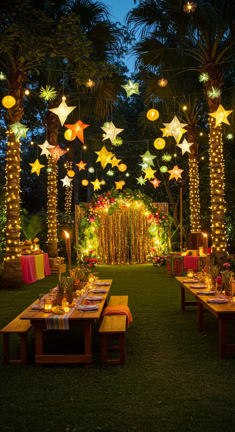 Jardin tropical décoré de palmiers lumineux, d'étoiles colorées et d'une arche fleurie.