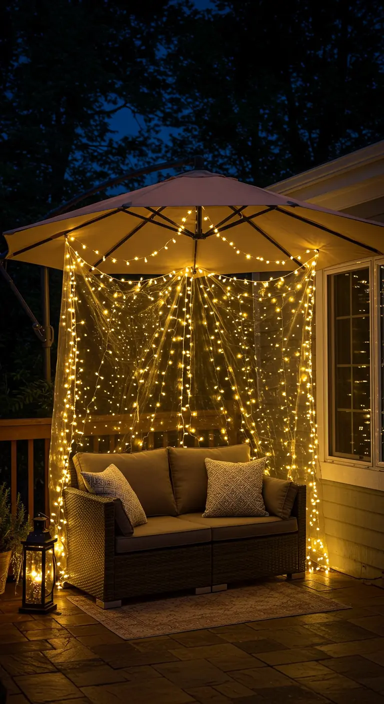 Canapé d'extérieur sous un parasol décoré d'un rideau de guirlandes lumineuses.