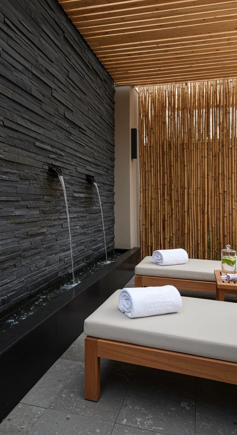 Espace détente spa avec mur d'eau en ardoise, chaises longues et paravent en bambou.