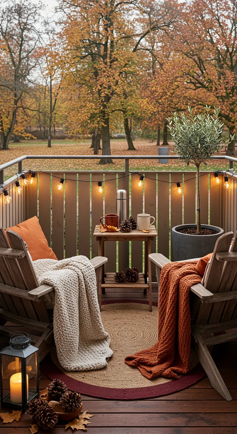 Balcon avec chaises longues en bois, plaids douillets, tapis en jute et olivier en pot.