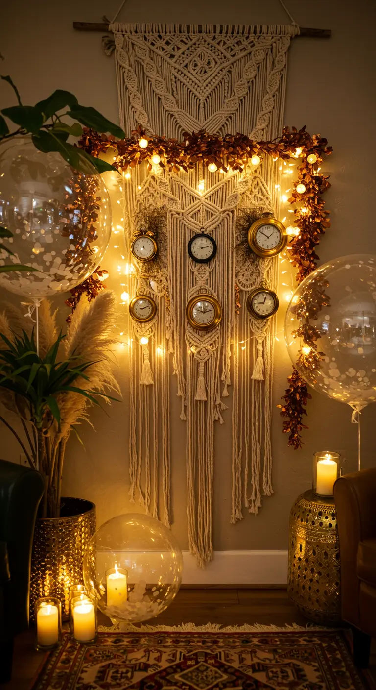 Tenture en macramé décorée de petites horloges et de guirlandes lumineuses.