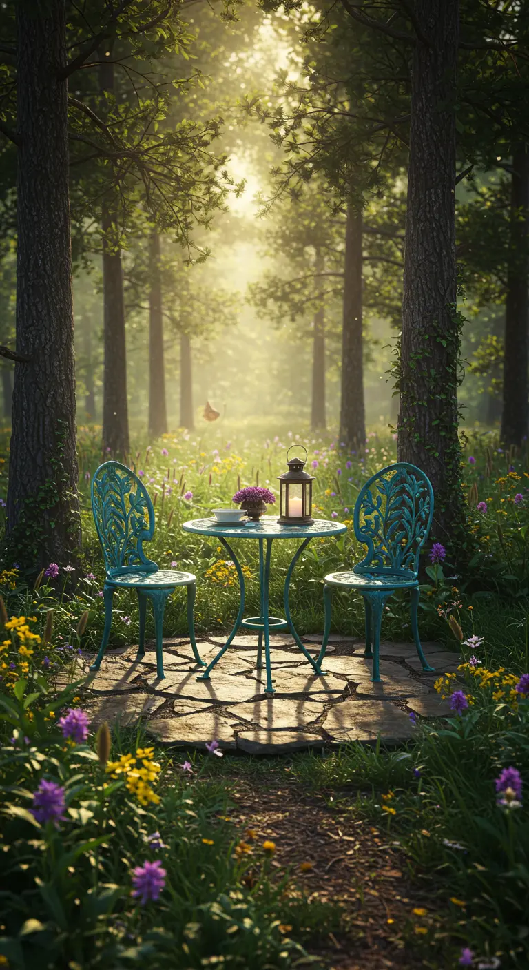 Bistro set vert en fer forgé dans un sous-bois fleuri avec une lanterne, éclairé par des rayons de soleil.