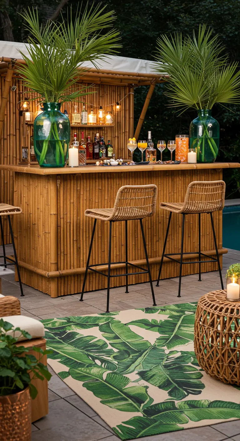 Bar tiki en bambou en plein air avec des tabourets en rotin et des décorations de feuilles de palmier.