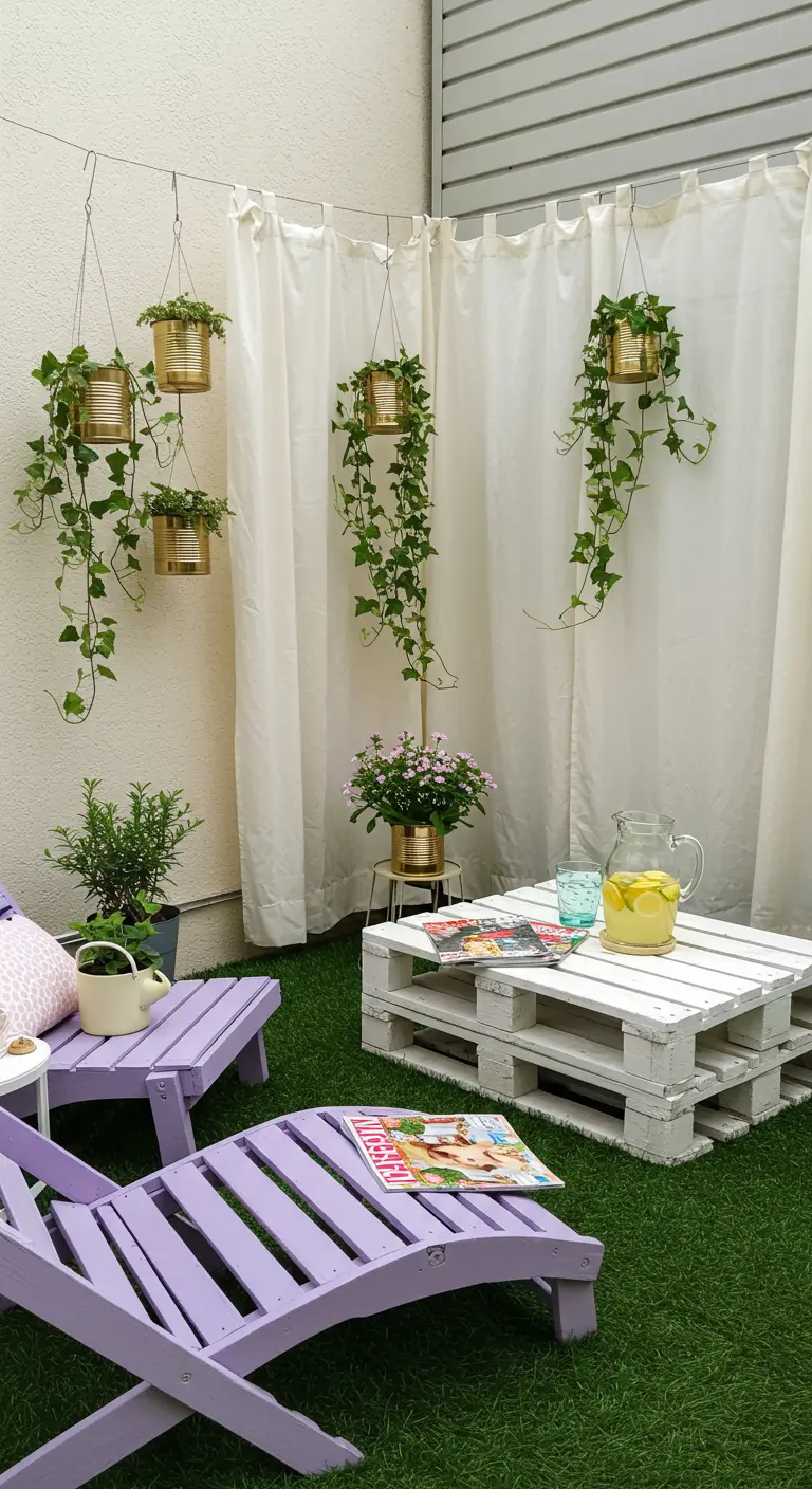 Coin détente avec transats violets, table palette blanche, plantes suspendues et rideaux.