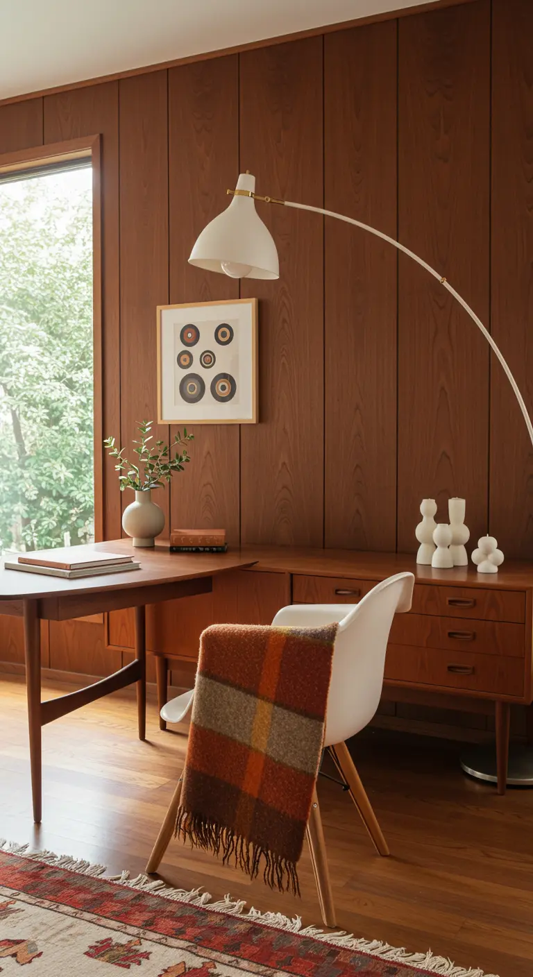 Bureau de style Mid-Century avec lambris en bois, chaise Eames et plaid à carreaux orange.